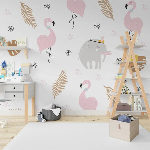 Cute_pastel_seamless_pattern_with_African_animals_and_golden_tropical_leaves._Mural_Wallpaper.