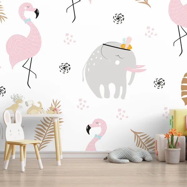 Cute_pastel_seamless_pattern_with_African_animals_and_golden_tropical_leaves._Mural_Wallpaper.