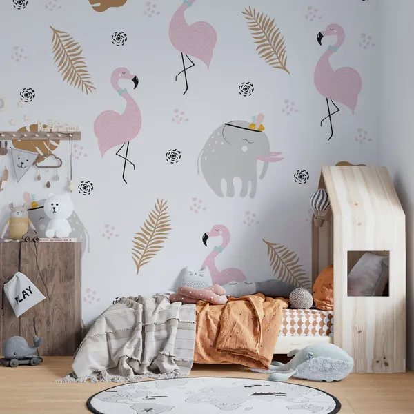 Cute_pastel_seamless_pattern_with_African_animals_and_golden_tropical_leaves._Mural_Wallpaper.