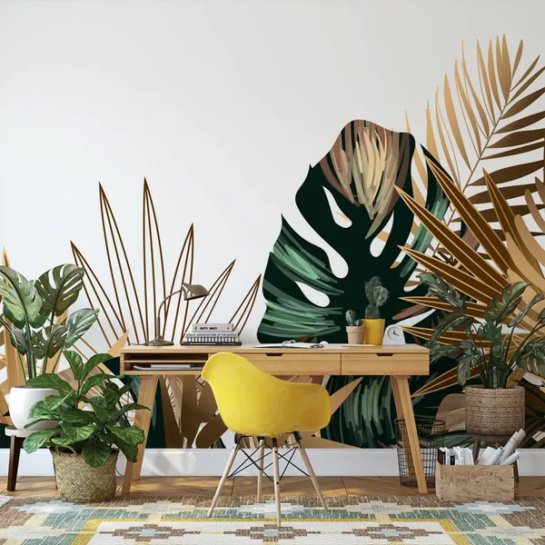 Tropical_gold_and_emerald_leaves_seamless_background_Mural_Wallpaper.