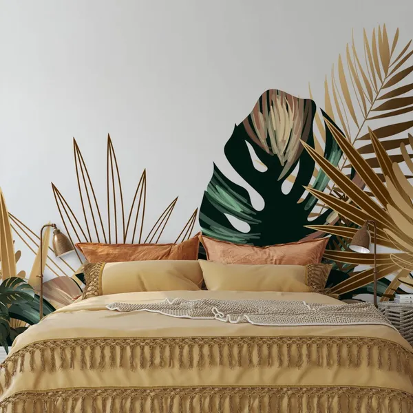 Tropical_gold_and_emerald_leaves_seamless_background_Mural_Wallpaper.