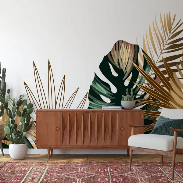 Tropical_gold_and_emerald_leaves_seamless_background_Mural_Wallpaper.