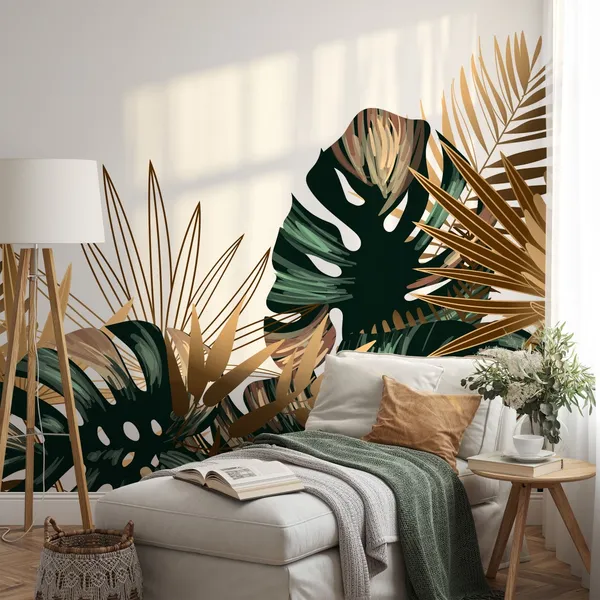Tropical_gold_and_emerald_leaves_seamless_background_Mural_Wallpaper.