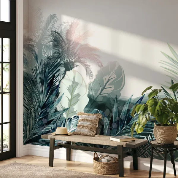 Exotic_leaves_seamless_pattern._Watercolor_illustration._Hand_painted_background_Mural_Wallpaper.