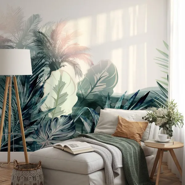 Exotic_leaves_seamless_pattern._Watercolor_illustration._Hand_painted_background_Mural_Wallpaper.
