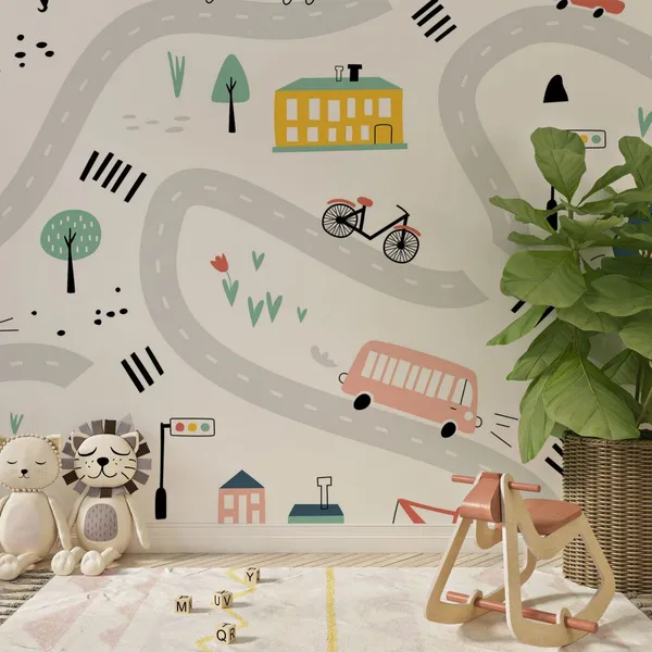 Childish_City_Road_And_Vehicles_Mural_Wallpaper.