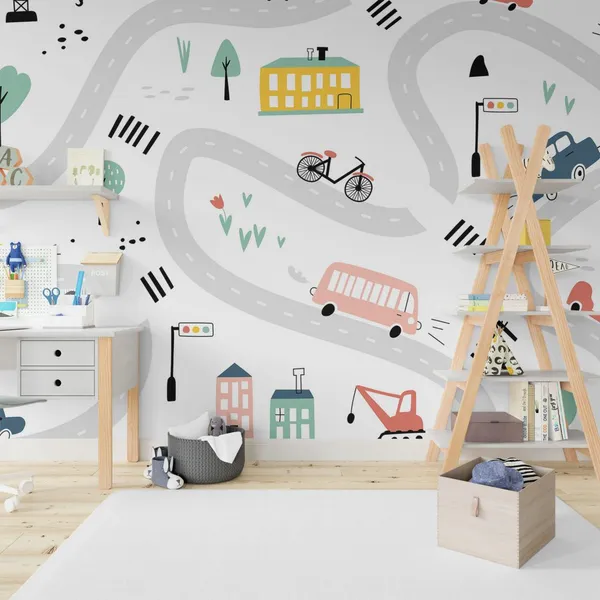 Childish_City_Road_And_Vehicles_Mural_Wallpaper.