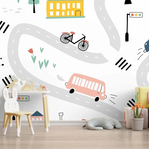 Childish_City_Road_And_Vehicles_Mural_Wallpaper.