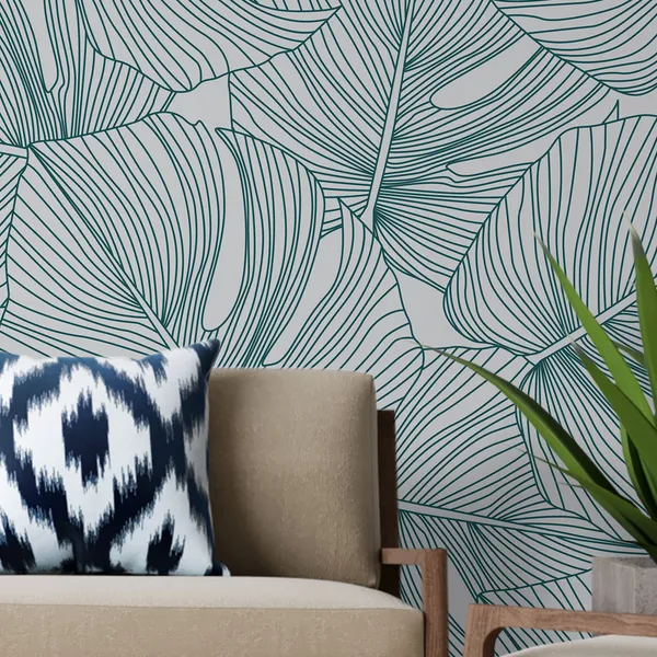 Line_Drawing_Green_Leaves___Mural_Wallpaper,_Pvc_Free,_Non-Toxic