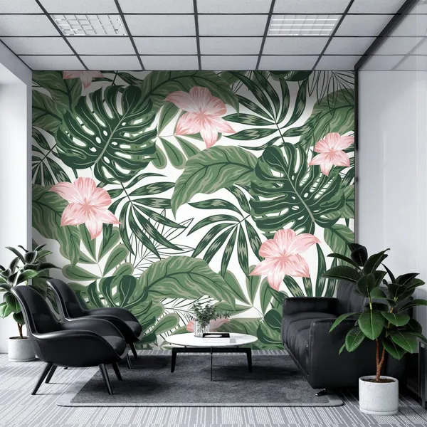 Monstera_Leves_with_Pink_Flower_-_Mural_Wallpaper,_With_PVC_Free,_Non_Toxic