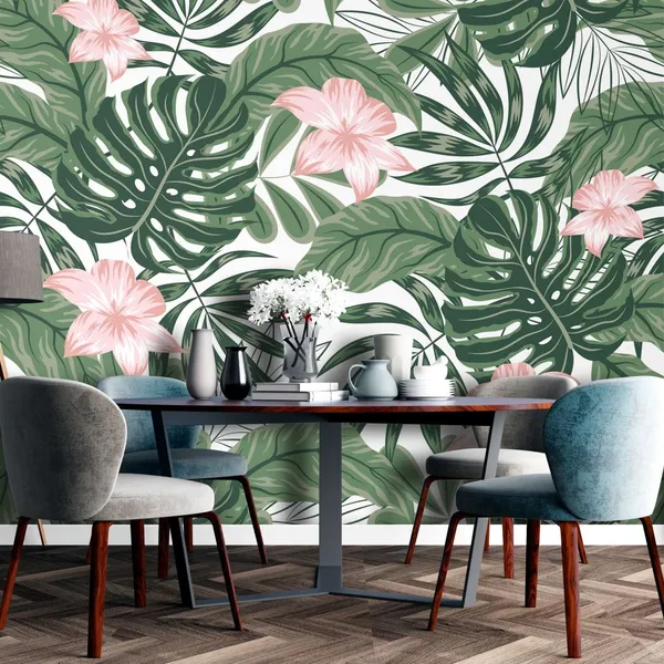Monstera_Leves_with_Pink_Flower_-_Mural_Wallpaper,_With_PVC_Free,_Non_Toxic