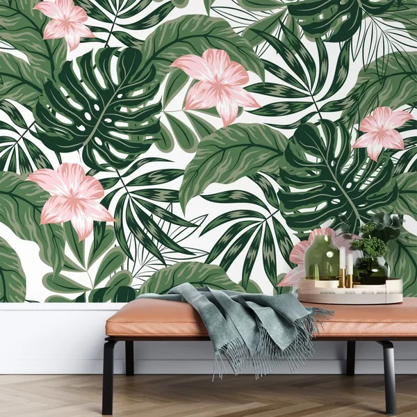 Monstera_Leves_with_Pink_Flower_-_Mural_Wallpaper,_With_PVC_Free,_Non_Toxic