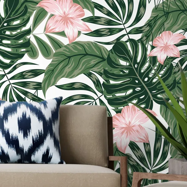 Monstera_Leves_with_Pink_Flower_-_Mural_Wallpaper,_With_PVC_Free,_Non_Toxic