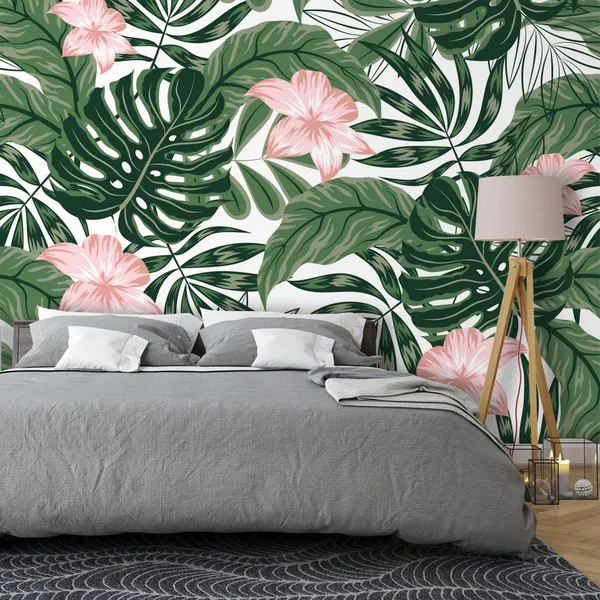 Monstera_Leves_with_Pink_Flower_-_Mural_Wallpaper,_With_PVC_Free,_Non_Toxic