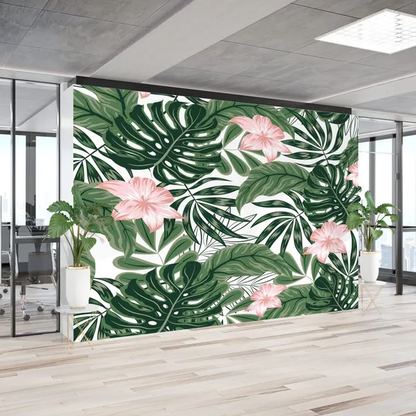Monstera_Leves_with_Pink_Flower_-_Mural_Wallpaper,_With_PVC_Free,_Non_Toxic