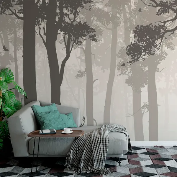 Background_with_deciduous_forest,_birds_and_deer._Vector_illustration_Mural_Wallpaper.