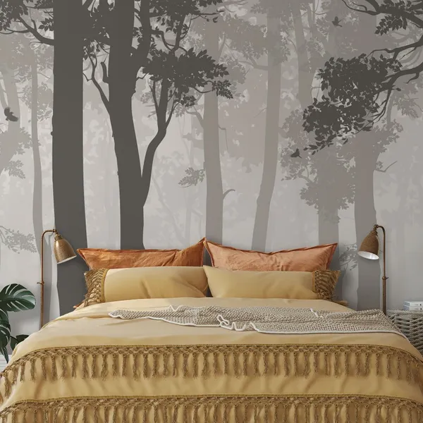 Background_with_deciduous_forest,_birds_and_deer._Vector_illustration_Mural_Wallpaper.