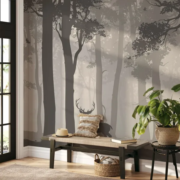 Background_with_deciduous_forest,_birds_and_deer._Vector_illustration_Mural_Wallpaper.