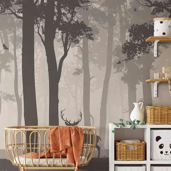 Background_with_deciduous_forest,_birds_and_deer._Vector_illustration_Mural_Wallpaper.