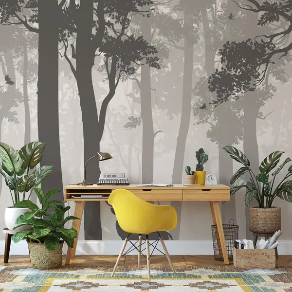 Background_with_deciduous_forest,_birds_and_deer._Vector_illustration_Mural_Wallpaper.