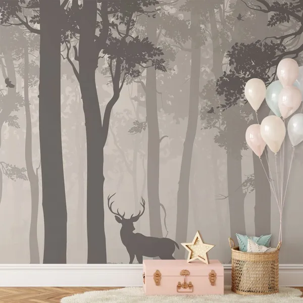 Background_with_deciduous_forest,_birds_and_deer._Vector_illustration_Mural_Wallpaper.