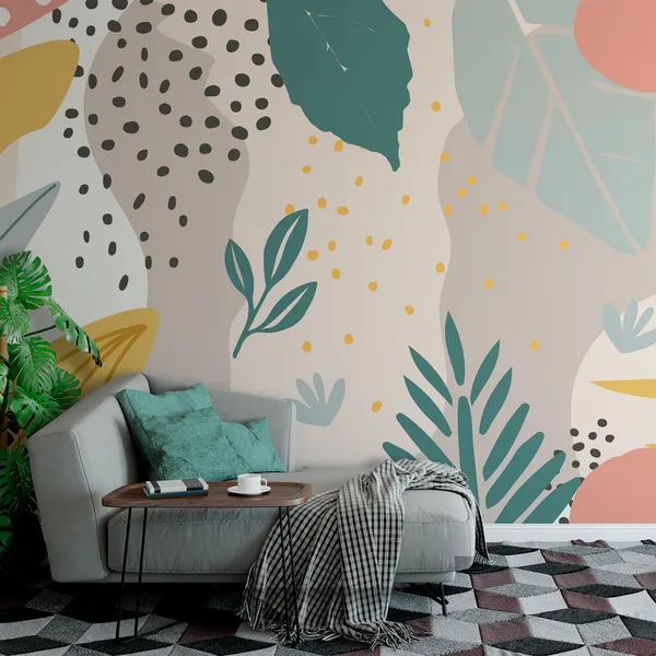 Colorful_flowers_and_leaves_poster_background_vector_illustration._Exotic_plants,_branches,_flowers_and_leaves_art_print_for_beauty,_fashion_and_natural_products,_Mural_Wallpaper.