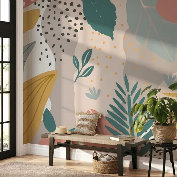Colorful_flowers_and_leaves_poster_background_vector_illustration._Exotic_plants,_branches,_flowers_and_leaves_art_print_for_beauty,_fashion_and_natural_products,_Mural_Wallpaper.