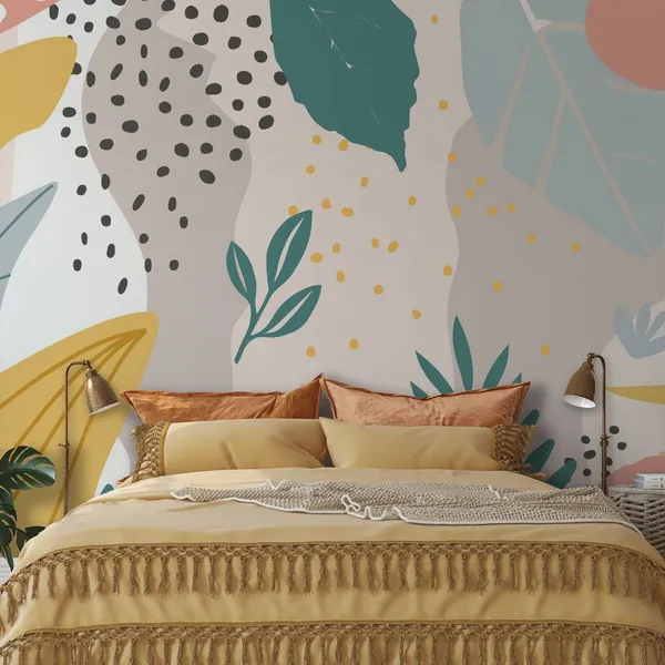Colorful_flowers_and_leaves_poster_background_vector_illustration._Exotic_plants,_branches,_flowers_and_leaves_art_print_for_beauty,_fashion_and_natural_products,_Mural_Wallpaper.