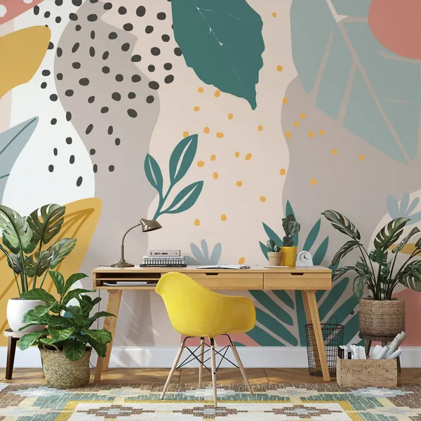 Colorful_flowers_and_leaves_poster_background_vector_illustration._Exotic_plants,_branches,_flowers_and_leaves_art_print_for_beauty,_fashion_and_natural_products,_Mural_Wallpaper.