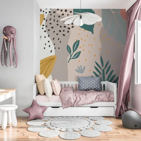 Colorful_flowers_and_leaves_poster_background_vector_illustration._Exotic_plants,_branches,_flowers_and_leaves_art_print_for_beauty,_fashion_and_natural_products,_Mural_Wallpaper.