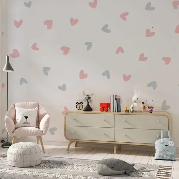 The_background_in_the_white_background_has_a_large_number_of_pastel_hearts_Mural_Wallpaper