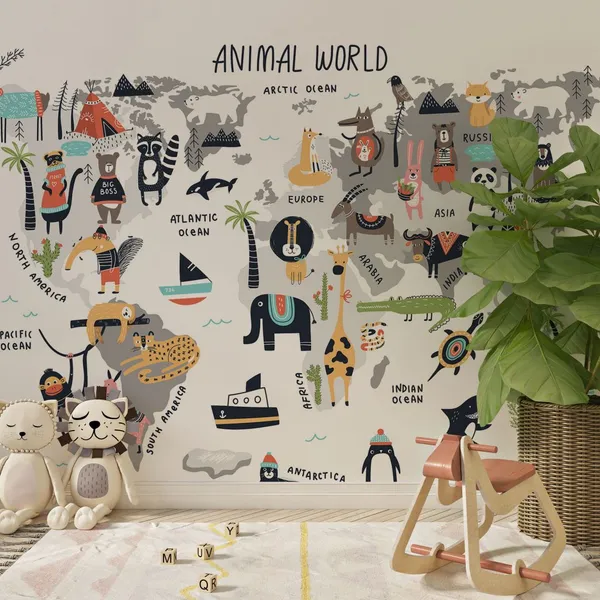 Animal_world_map_-_cute_cartoon_hand_drawn_nursery_print_in_scandinavian_style._Vector_illustration._Mural_Wallpaper,_PVC_Free.