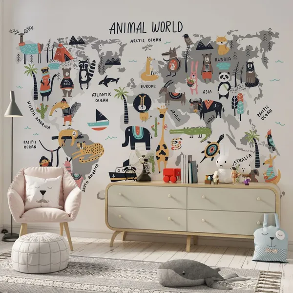 Animal_world_map_-_cute_cartoon_hand_drawn_nursery_print_in_scandinavian_style._Vector_illustration._Mural_Wallpaper,_PVC_Free.
