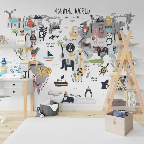 Animal_world_map_-_cute_cartoon_hand_drawn_nursery_print_in_scandinavian_style._Vector_illustration._Mural_Wallpaper,_PVC_Free.