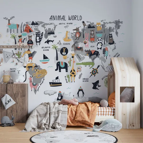 Animal_world_map_-_cute_cartoon_hand_drawn_nursery_print_in_scandinavian_style._Vector_illustration._Mural_Wallpaper,_PVC_Free.