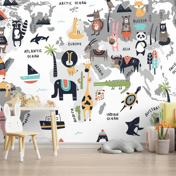 Animal_world_map_-_cute_cartoon_hand_drawn_nursery_print_in_scandinavian_style._Vector_illustration._Mural_Wallpaper,_PVC_Free.