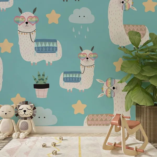 Hand_drawn_cute_card_with_llama,_glasses_and_cactus._llama_not_drama_Mural_Wallpaper,_PVC_Free.