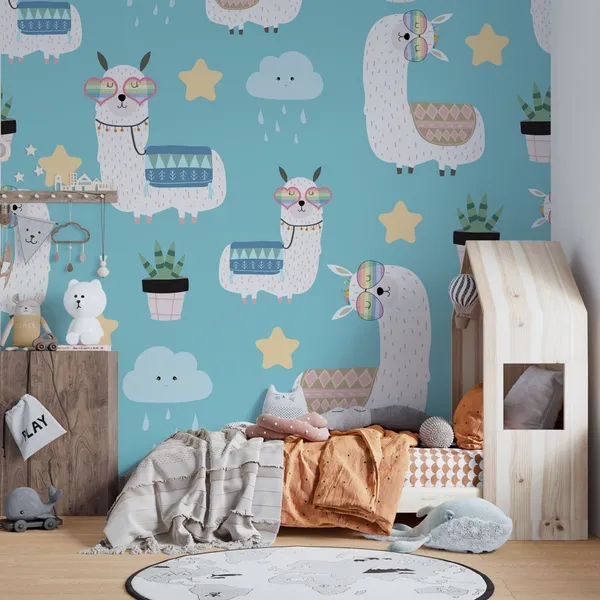 Hand_drawn_cute_card_with_llama,_glasses_and_cactus._llama_not_drama_Mural_Wallpaper,_PVC_Free.