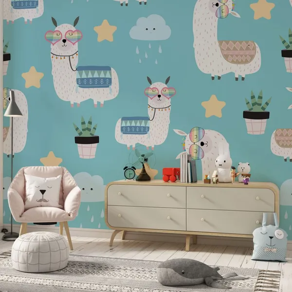 Hand_drawn_cute_card_with_llama,_glasses_and_cactus._llama_not_drama_Mural_Wallpaper,_PVC_Free.