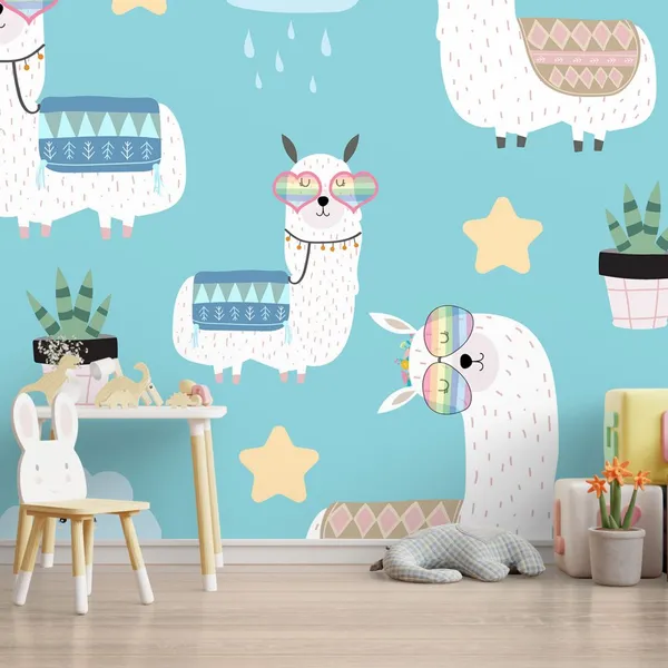Hand_drawn_cute_card_with_llama,_glasses_and_cactus._llama_not_drama_Mural_Wallpaper,_PVC_Free.