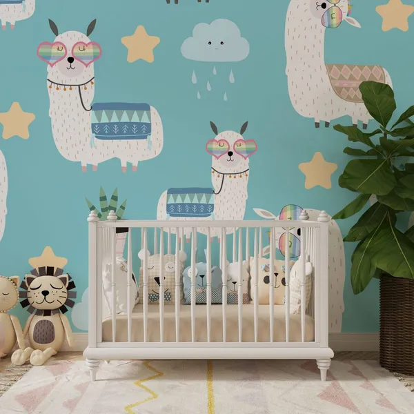 Hand_drawn_cute_card_with_llama,_glasses_and_cactus._llama_not_drama_Mural_Wallpaper,_PVC_Free.