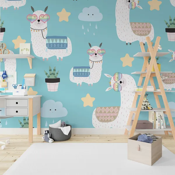 Hand_drawn_cute_card_with_llama,_glasses_and_cactus._llama_not_drama_Mural_Wallpaper,_PVC_Free.