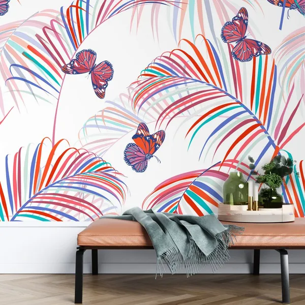 Trendy_colorful_tropical_and_palm_leaves_with_butterflies_flying_seamless_pattern_vector_design_for_fashion,_fabric_and_all_prints_on_light_white_background_color_Mural_Wallpaper,_PVC_Free.