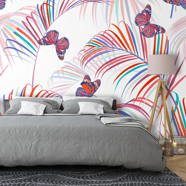 Trendy_colorful_tropical_and_palm_leaves_with_butterflies_flying_seamless_pattern_vector_design_for_fashion,_fabric_and_all_prints_on_light_white_background_color_Mural_Wallpaper,_PVC_Free.