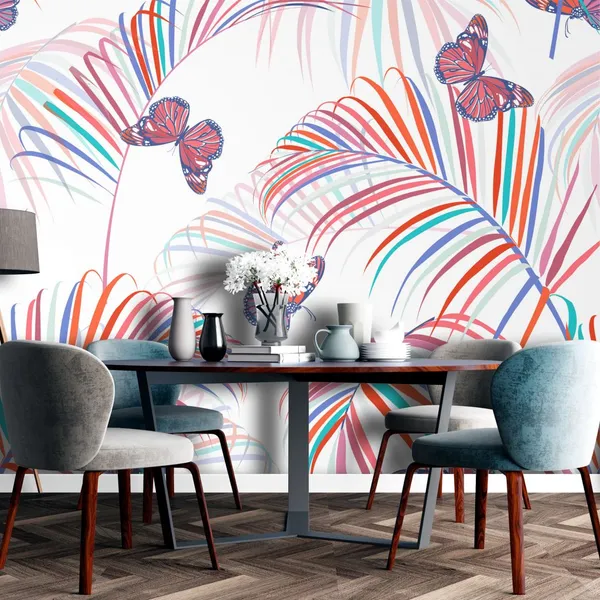 Trendy_colorful_tropical_and_palm_leaves_with_butterflies_flying_seamless_pattern_vector_design_for_fashion,_fabric_and_all_prints_on_light_white_background_color_Mural_Wallpaper,_PVC_Free.