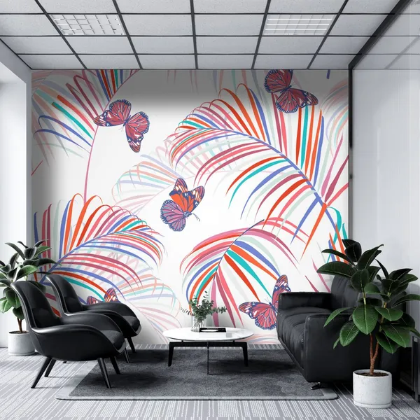 Trendy_colorful_tropical_and_palm_leaves_with_butterflies_flying_seamless_pattern_vector_design_for_fashion,_fabric_and_all_prints_on_light_white_background_color_Mural_Wallpaper,_PVC_Free.