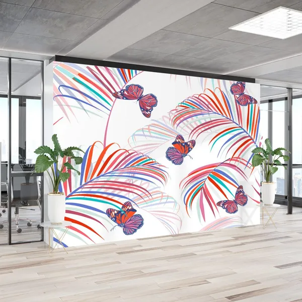 Trendy_colorful_tropical_and_palm_leaves_with_butterflies_flying_seamless_pattern_vector_design_for_fashion,_fabric_and_all_prints_on_light_white_background_color_Mural_Wallpaper,_PVC_Free.