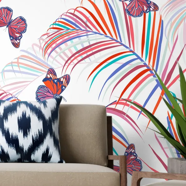 Trendy_colorful_tropical_and_palm_leaves_with_butterflies_flying_seamless_pattern_vector_design_for_fashion,_fabric_and_all_prints_on_light_white_background_color_Mural_Wallpaper,_PVC_Free.