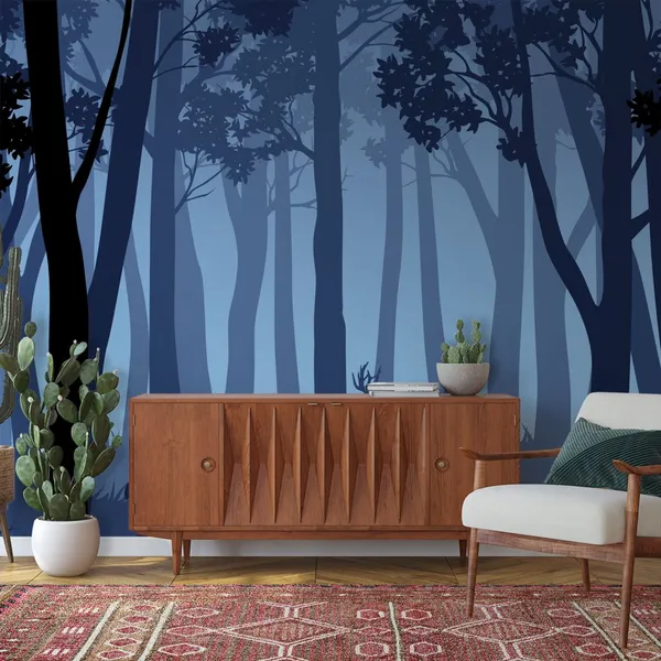 Vector_blue_night_forest_landscape_with_silhouettes_of_trees_and_two_Deer_Mural_Wallpaper.