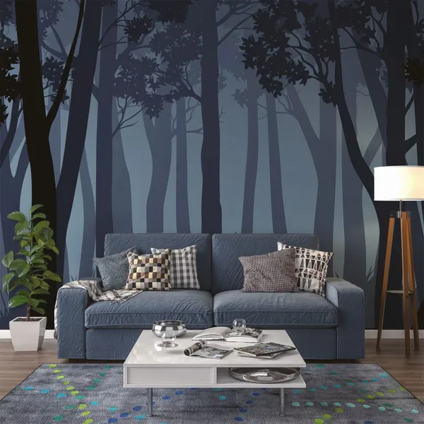 Vector_blue_night_forest_landscape_with_silhouettes_of_trees_and_two_Deer_Mural_Wallpaper.